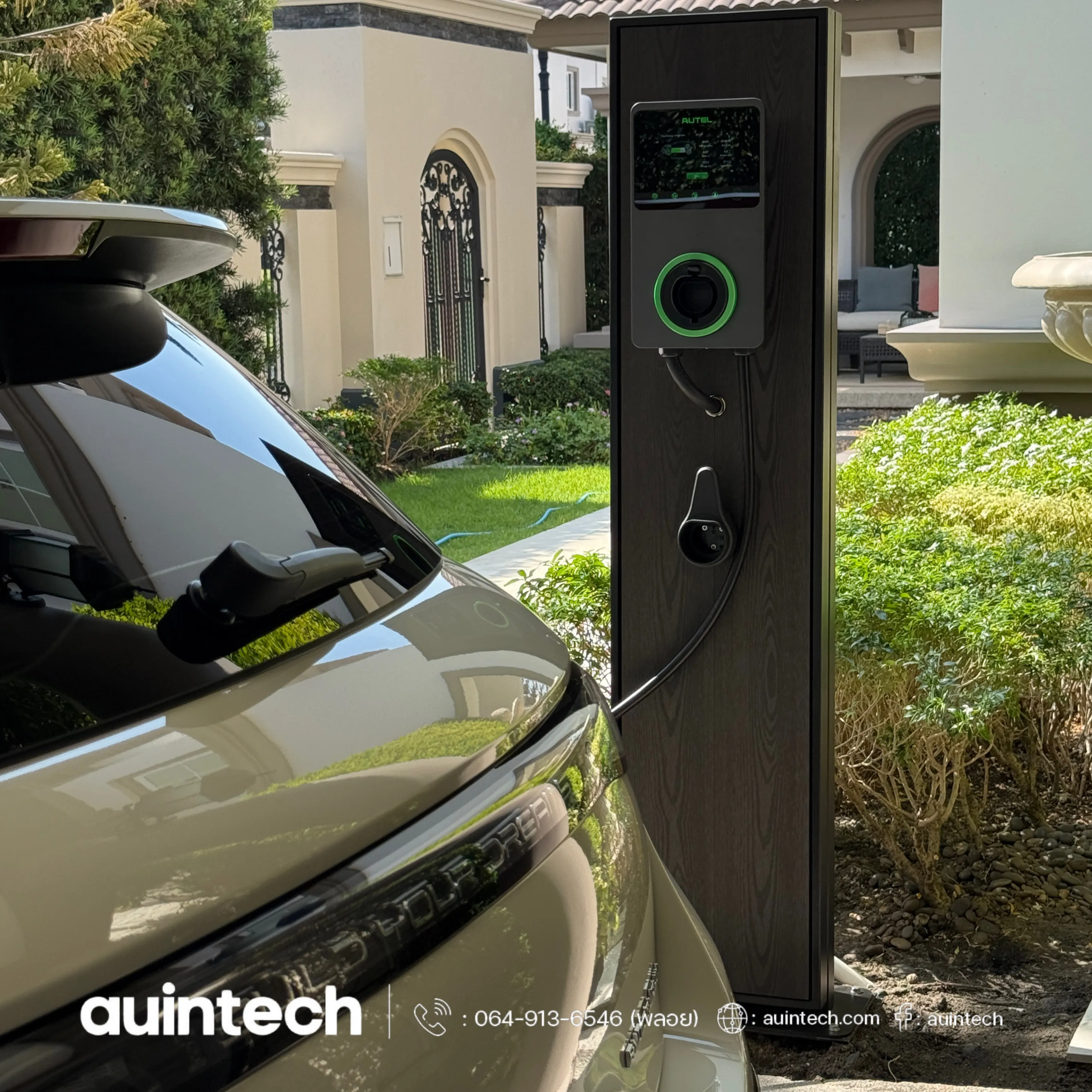Autel MaxiCharger 22kW with pole wood black install by Auintech
