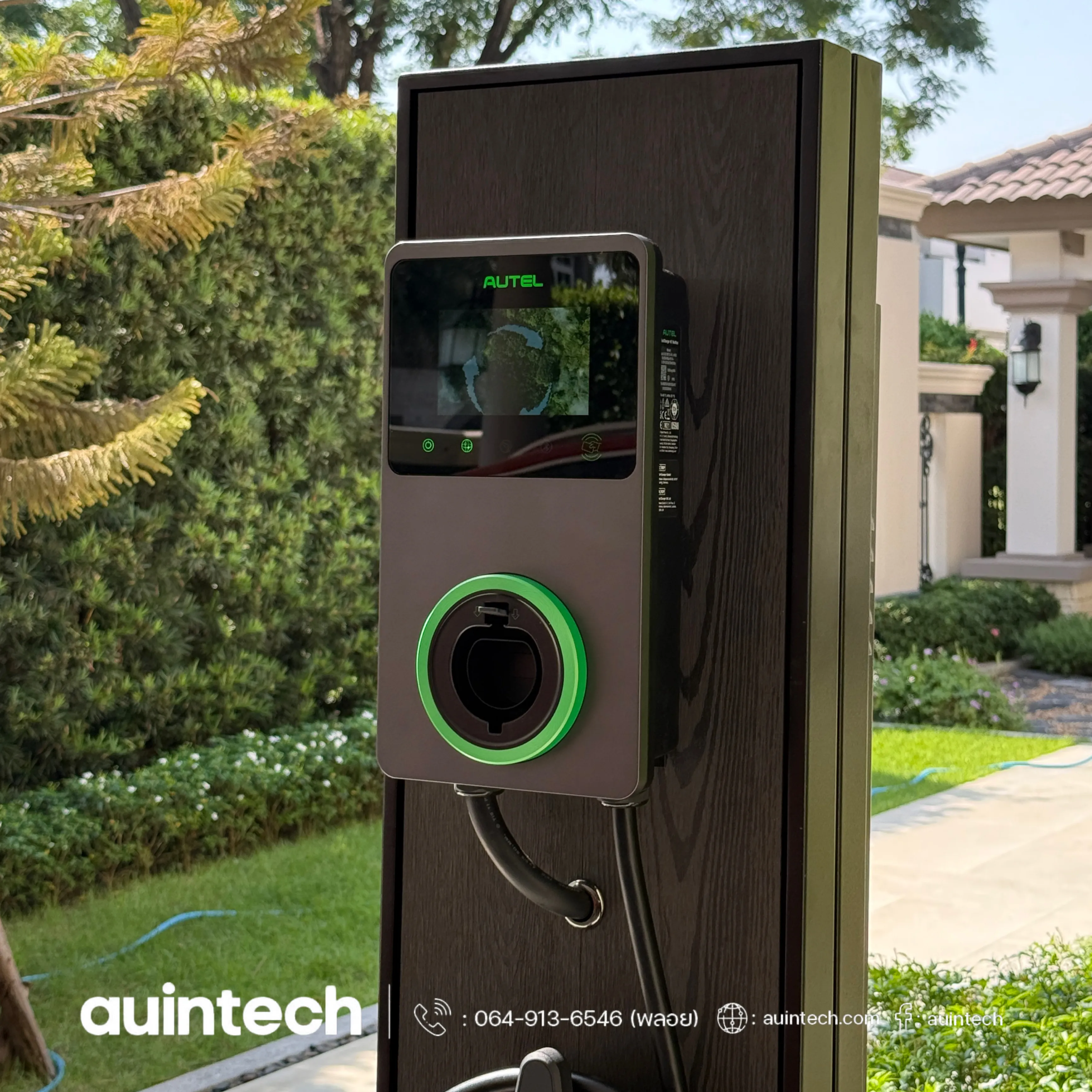 Autel MaxiCharger 22kW with pole wood black install by Auintech