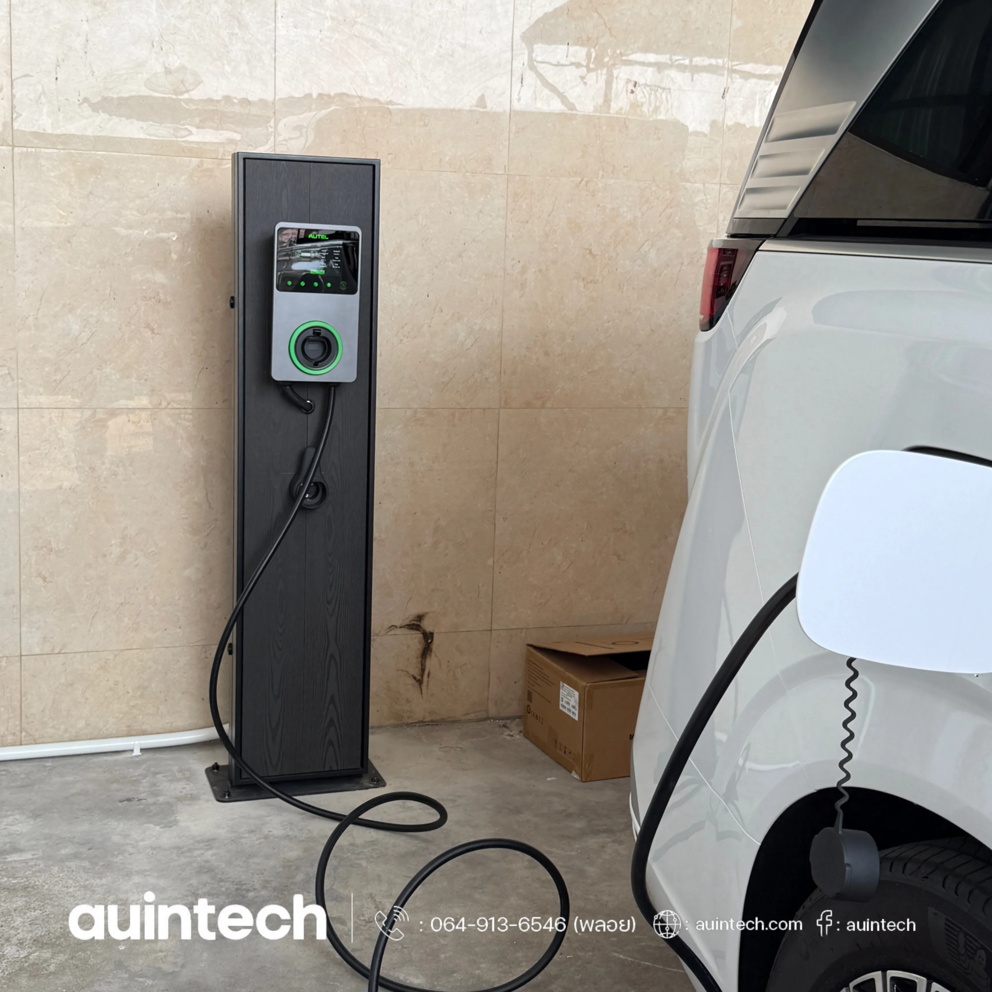 Autel MaxiCharger 22kW with pole wood black install by Auintech