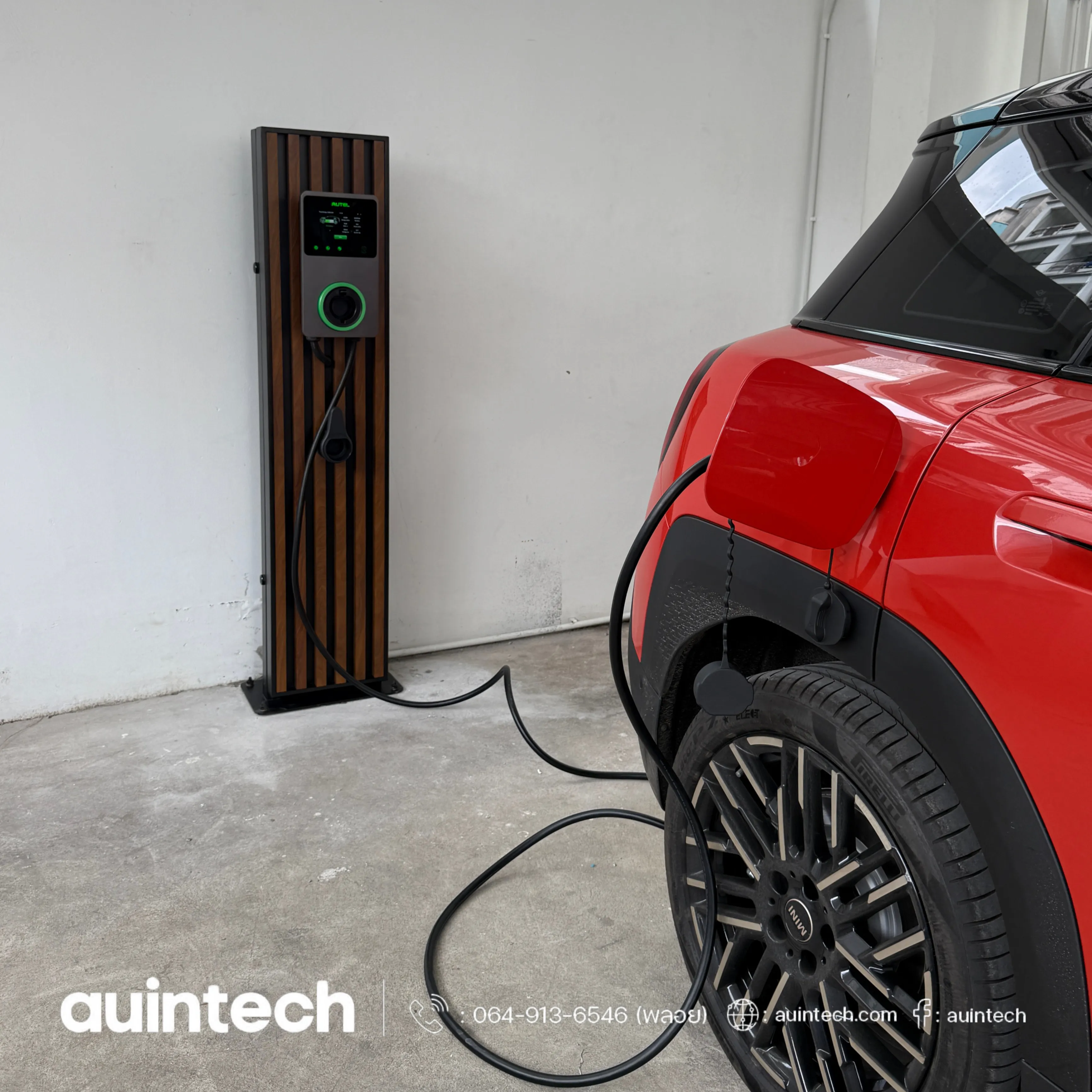 Autel MaxiCharger 22kW with pole battens dark brown install by Auintech