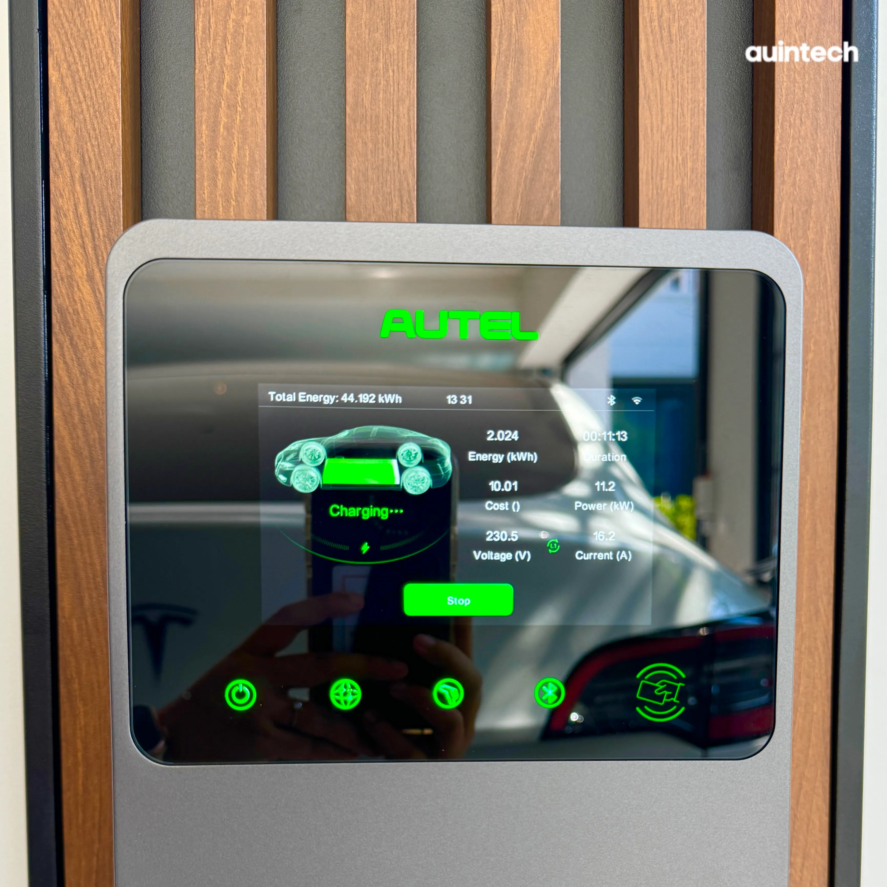 Autel MaxiCharger 22kW with pole battens dark brown install by Auintech