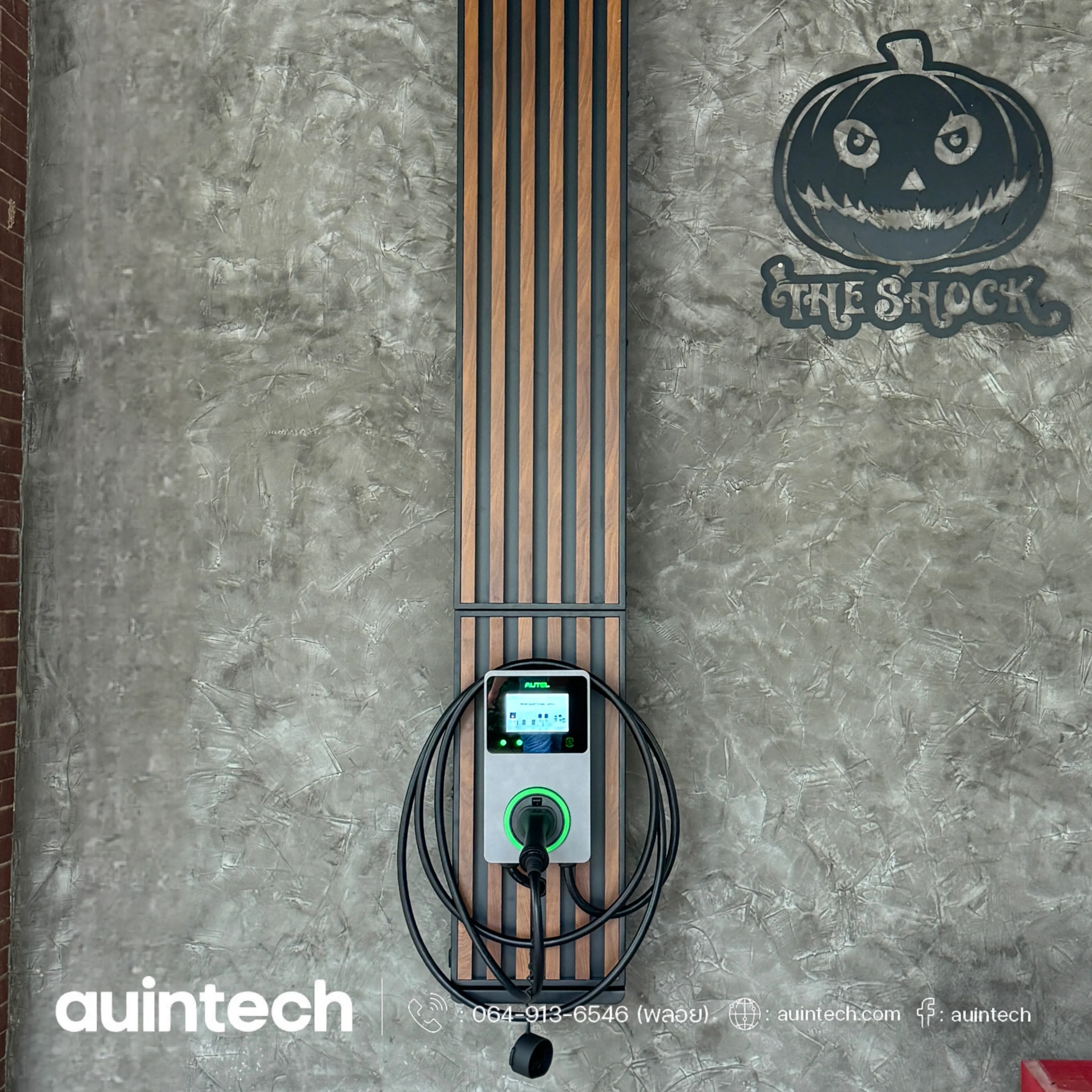 Autel MaxiCharger 22kW circuit2 with wall battens dark brown install by Auintech