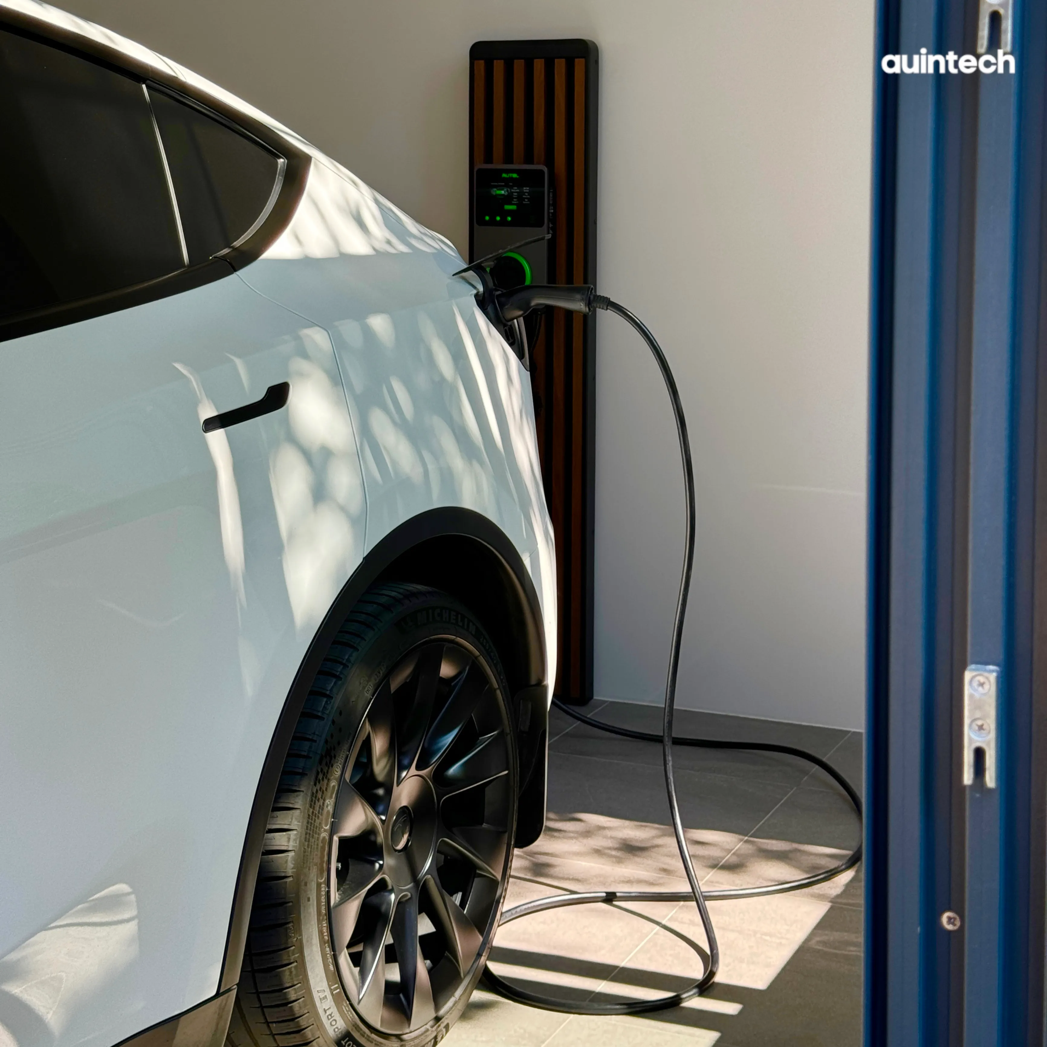 Autel MaxiCharger 22kW with wall battens dark brown custom made install by Auintech