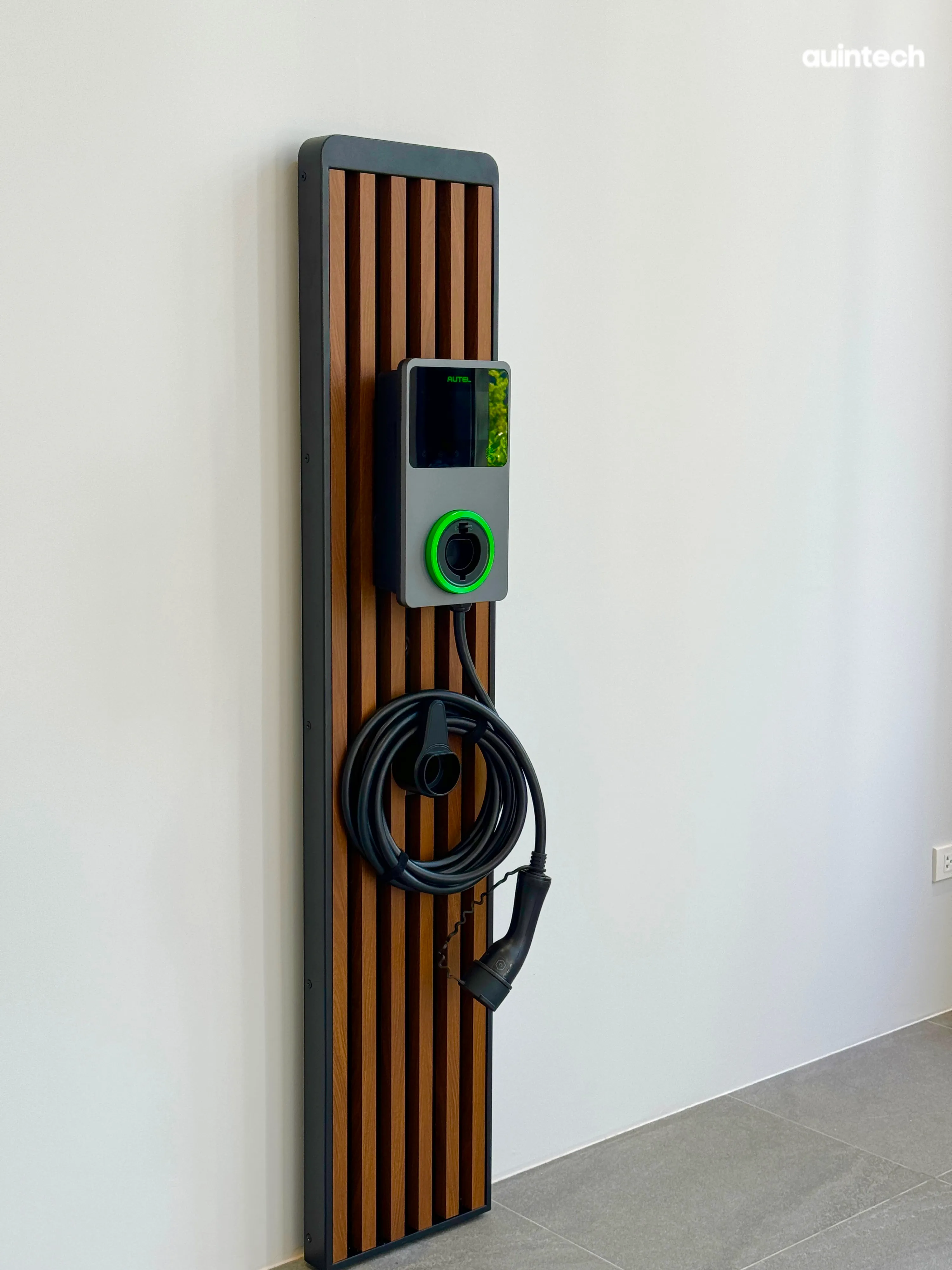 Autel MaxiCharger 22kW with wall battens dark brown custom made install by Auintech