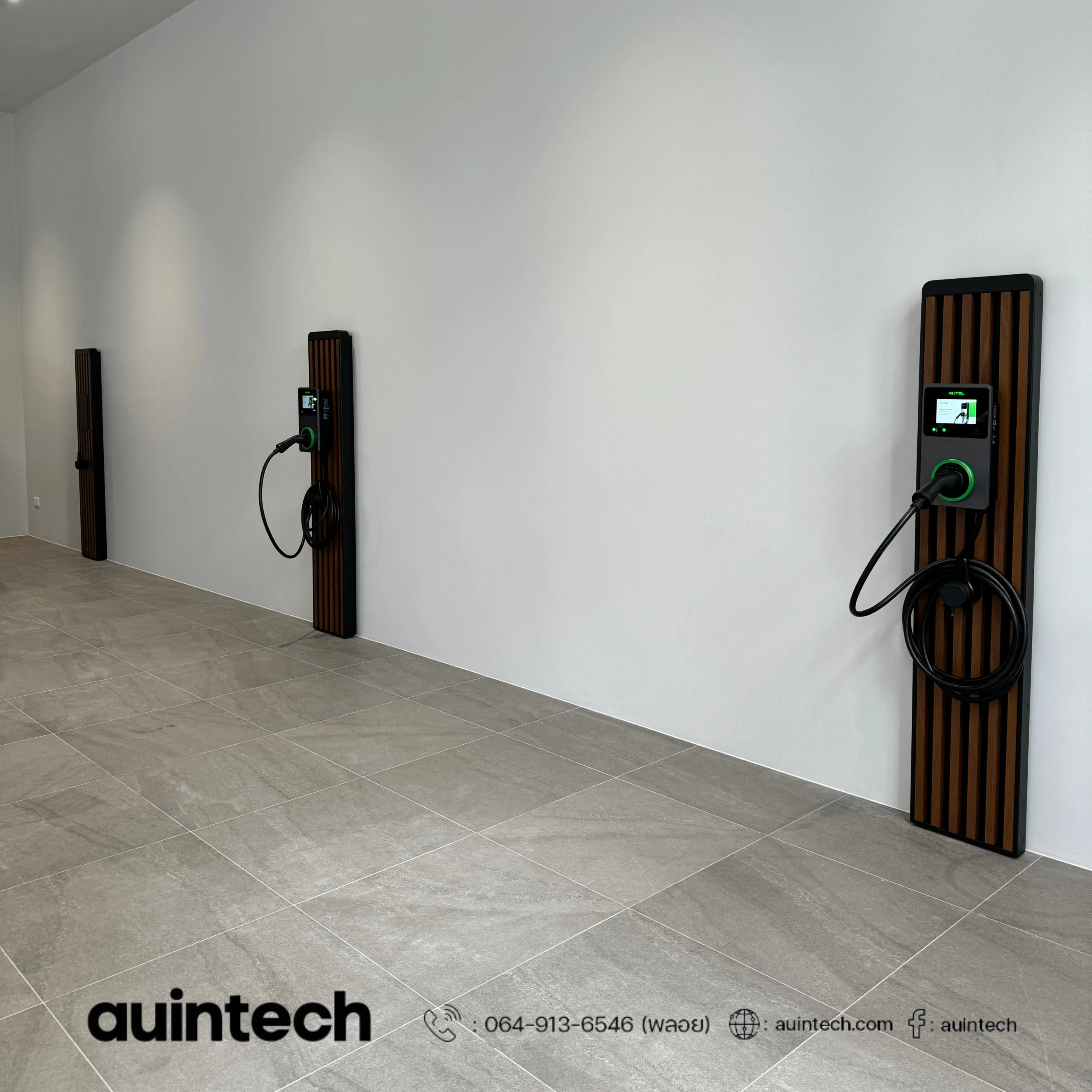 Autel MaxiCharger 22kW with wall battens dark brown custom made install by Auintech