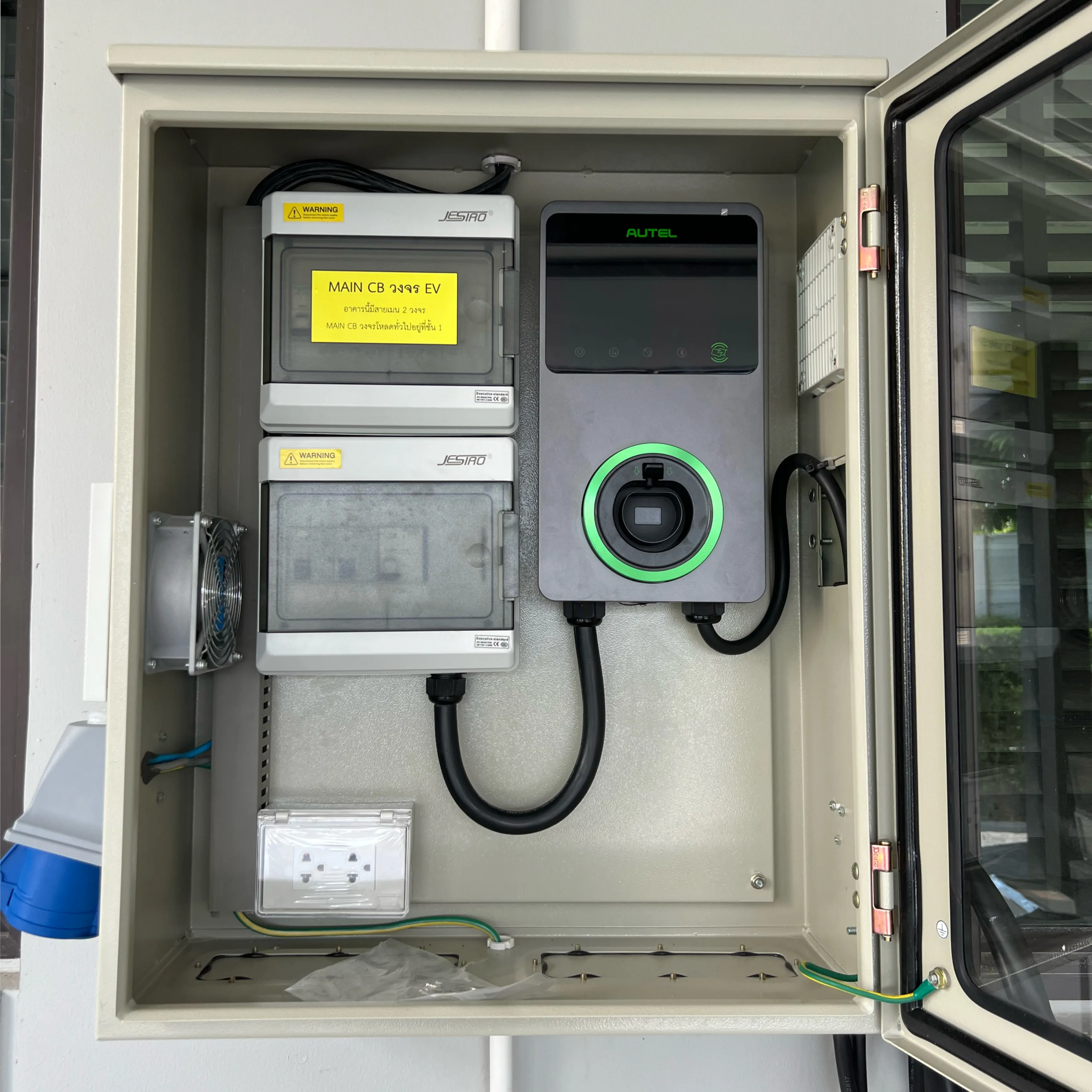 Autel MaxiCharger 7.4kW with denco EV cabinet add plug and power plug install by Auintech