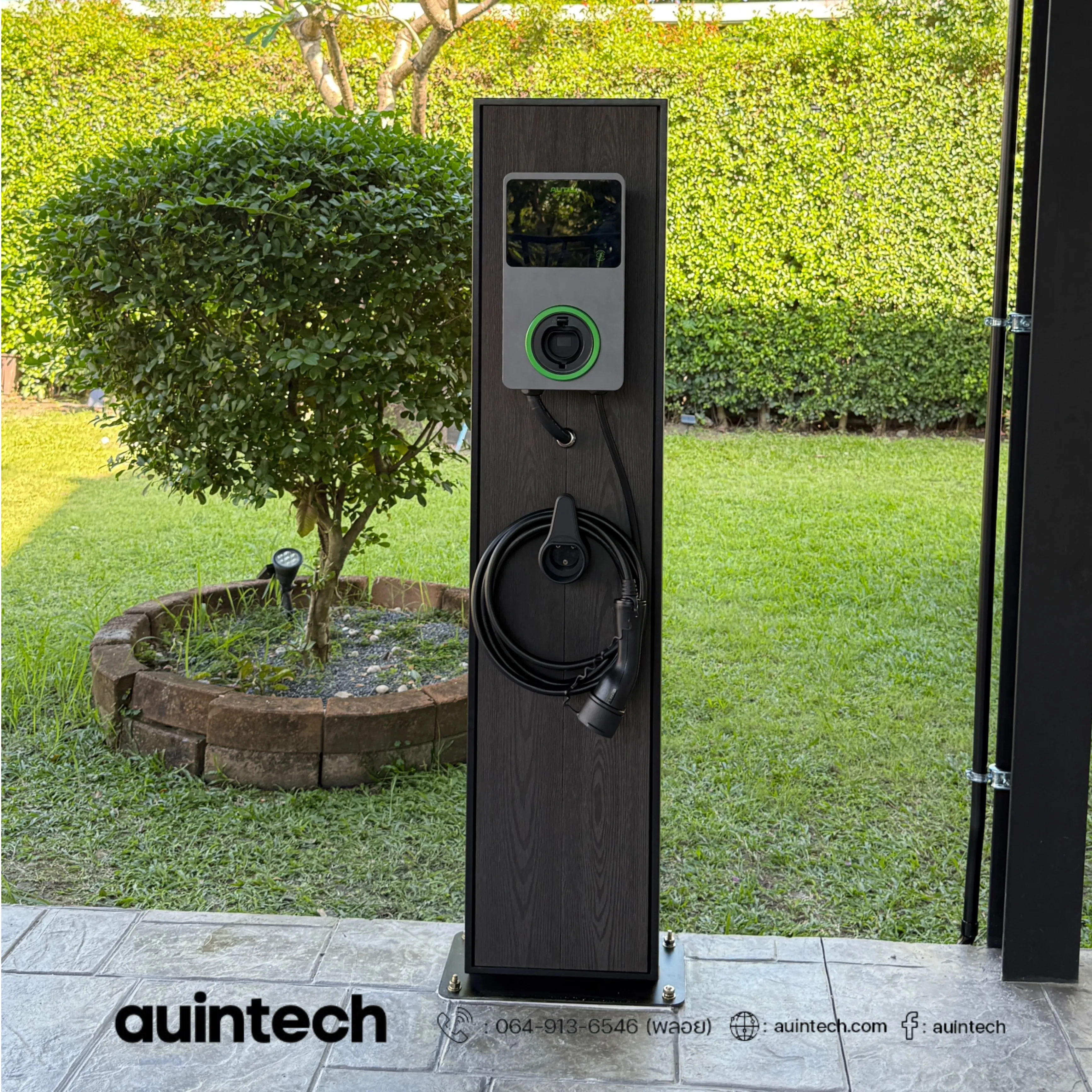 Autel MaxiCharger 7.4kW with pole stand wood black install by Auintech