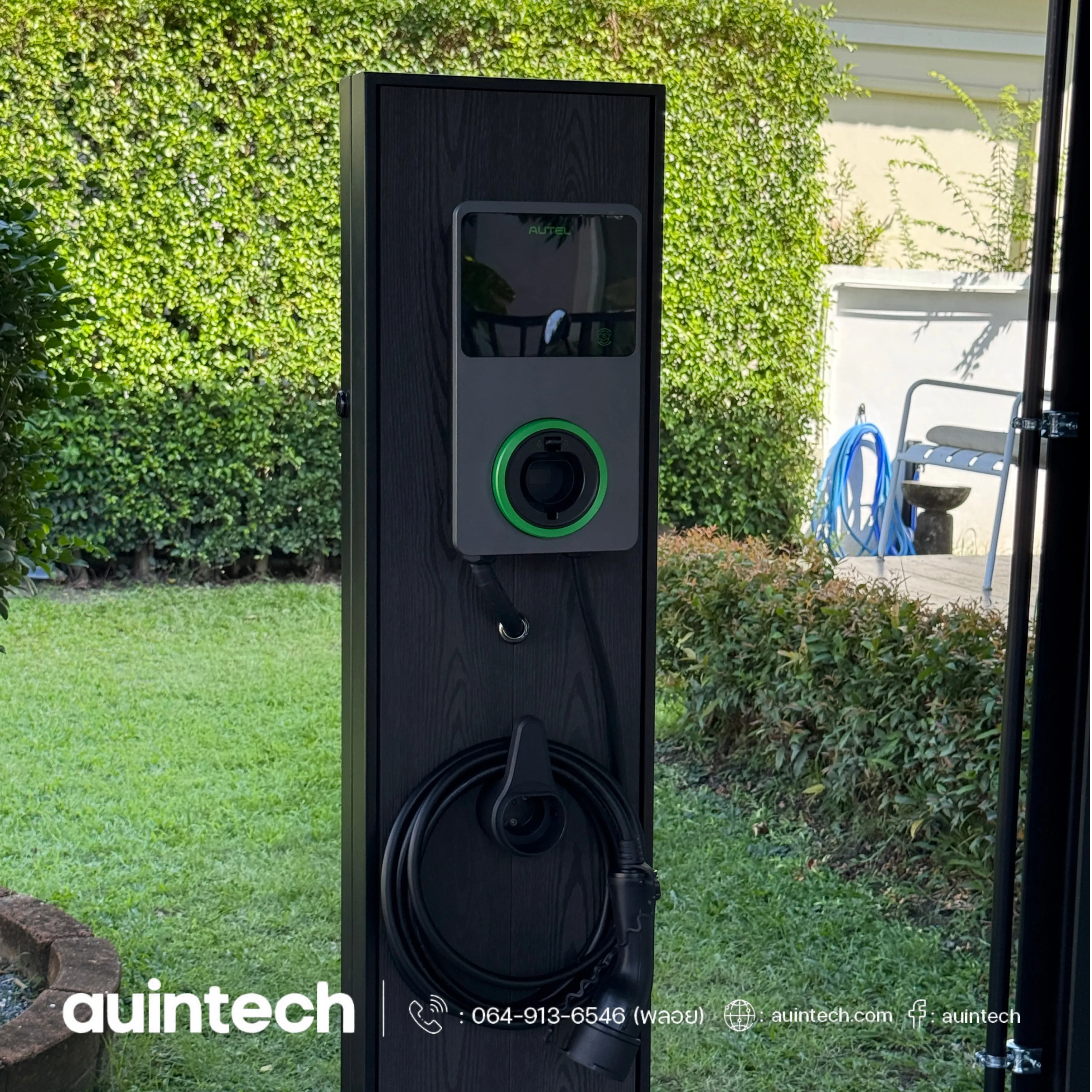 Autel MaxiCharger 7.4kW with pole stand wood black install by Auintech