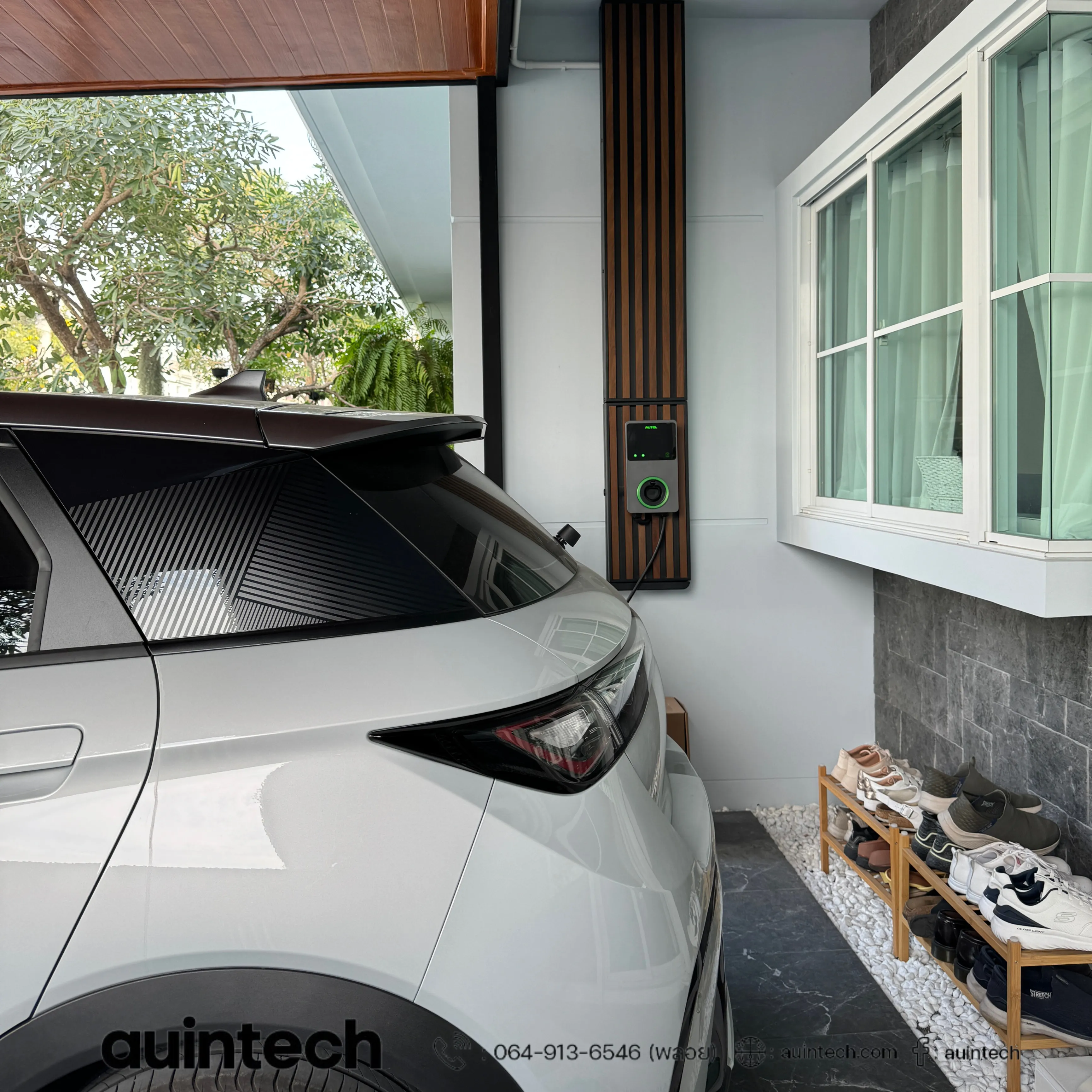 Autel MaxiCharger 7.4kW with wall battens dark brown install by Auintech